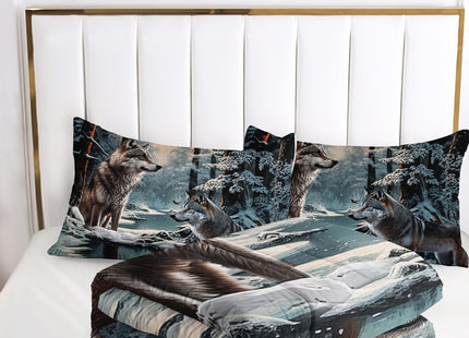 AILONEN Snow Wolf Comforter Set Queen Size, Brown Wolf Bedding Set,Snowfield Forest Animals Printed Comforter Sets,Teen Boys Breathable Duvet Set 3 Pieces, 1 Quilt and 2 Pillowcases