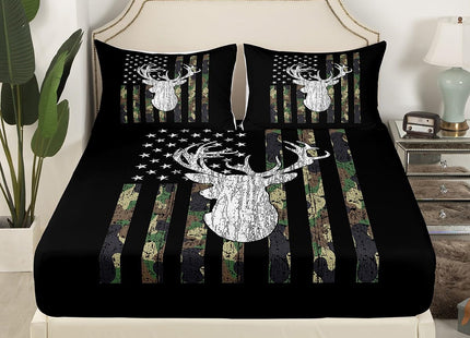 Deer Bed Sheets Twin Camo American Flag Sheet Set Camouflage Hunting Woodland Animal Bedding Sets for Kids Boys Teen Men,Rustic Deer Antler Fitted Sheet Black White Army Green Flat Sheet 3 Piece