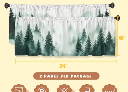 Wssklovj Forest Valance Curtain for Windows 2 Pack Misty Green Pine Nature Tree Mountain Rod Pocket Window Treatments Short Curtains for Kitchen Windows Bathroom Bedroom 54x18 Inch