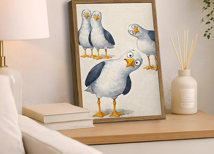 Funny Seagull Nursery Wall Art, Cute Bird Kids Room Wall Decor Painting Whimsical Coastal Animal Poster Canvas Prints Picture for Bedroom Living Room Bathroom 12x16 inch Wood Framed