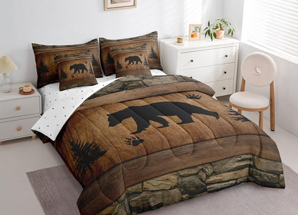 Manfei Rustic Bear Comforter Set 7 Pieces, Wild Animals Hunt Bed Set for Boys Adults, Brown Wooden Plank Bedding Twin with 1 Comforter,1 Fitted Sheet,1 Flat Sheet,2 Pillowcases,2 Throw Pillow Cover