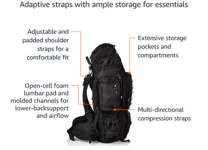 Amazon Basics Internal Frame Hiking Backpack for Camping and Backpacking, Adjustable Straps, Rainfly Included, 75 Liters, Black