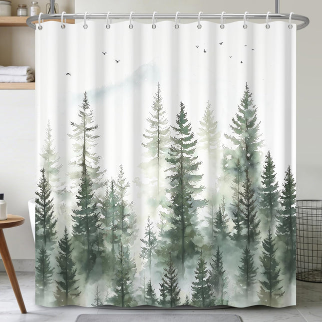 Xiazhilaio Serene Forest Landscape Shower Curtain with Hooks – Misty Woodland Tree Print Waterproof Fabric Bath Curtain for Modern, Rustic, Cabin & Zen Bathroom Decor, 71x74 Inch