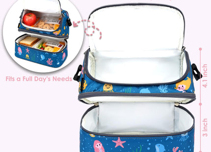 FlowFly Double Decker Cooler Insulated Lunch Bag Large Tote for Boys, Girls, Men, Women, With Adjustable Strap (Blue-Mermaid)