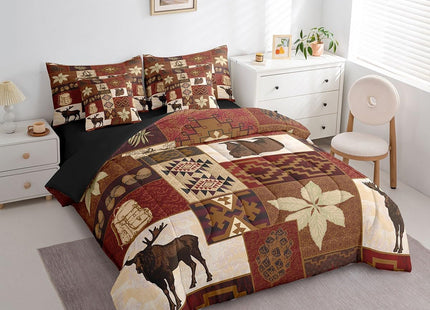 Erosebridal Buffalo Plaid 7 Piece Comforter Set Cabin Decor,Bear Elk Deer Wild Animal Bedding Sets Fall Leaves Pine Cones Bed Sheets Wildlife Hunting Theme Quilt Bohemian Floral Bed in a Bag,Twin