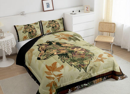 Wolf Bedding Set Twin For Boys Woodland Camo Hunting Comforter Set Army Green Tree Branches Camouflage Wild Animal Quilt Comforter For Adults Men,Botanical Leaves Rustic Duvet 1 Pillow Case