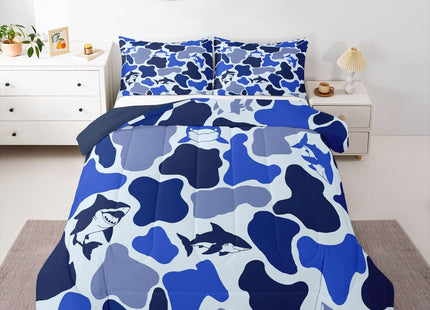 Castle Fairy Navy Blue Camo Bedding Set King Size,Shark Camouflage Comforter Set with 2 Pillowcases,Sea Nautical Marine Animal Bed Quilt,Ocean Adventure Quilt Sets Home Decor,Women Men Birthday Gift