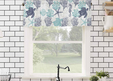 RisQiten Teal Blue Coastal Valances for Windows, Summer Beach Kitchen Curtains Window Treatment Nautical Decor, Sea Turtle Coral Ocean Rod Pocket Short Window Valances for Living Room/Bedroom, 54"x18"