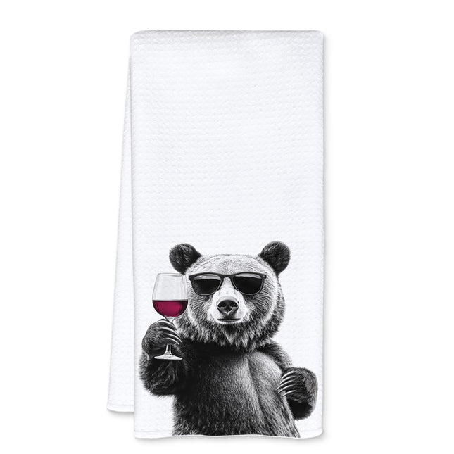 JFFTLL Funny Bear Wine Kitchen Towels, Black Bear Gifts Dish Tea Towels for Kitchen Decor, Bar Towel for Bartender Kitchen, Wine Lover Gift, 16x24 Inch
