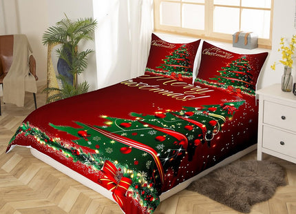 Christmas Tree Duvet Cover Set King Size Fir Tree Branches and Deer Print Bedding Set 3pcs for Kids Girls New Year Theme Comforter Cover Merry Christmas Red Quilt Cover with 2 Pillowcases,No Comforter