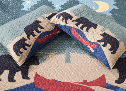 Virah Bella 3-Piece King Evening Stroll Quilt Bedding Set - Rustic Black Bear Canoe Reversible Coverlet with 2 Decorative King Pillow Shams - Lightweight Soft Microfiber Bedspread for Cabin Décor