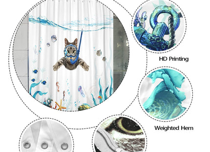 Fowocu Funny Cat Shower Curtain Set Teal Blue Sea Ocean Waterproof Fabric Shower Curtains with Animal Octopus Starfish Turtle Anchor Fish Nautical Bathroom Decor (Blue, 72''×72'')