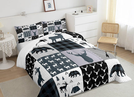 Feelyou Rustic Deer Bear Comforter Set Full, Camping Hunting Comforter Set for Kids Western Farmhouse Comforter Bear Antler Silhouette Duvet Set Breathable Quilt Set 3Pcs