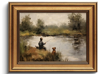 Vintage Fishing Boy and Dog Gold Framed Canvas Wall Art 8x10