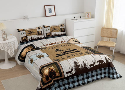 Rustic Bear Moose Quilt Full Size,Countryside Rural Hunting Theme Duvet Insert for Men Women Adults,Retro Farmhouse Wood Plank Comforter Set,Woodland Animal Cabin Lodge Inner Fill Bedding,3Pcs