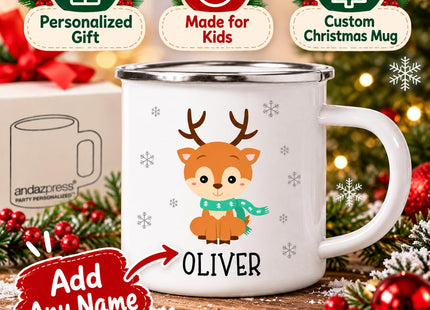 Andaz Press Kids Personalized Cute Snowflake Christmas Animals 11oz. Stainless Steel Campfire Hot Chocolate Mug, Baby Reindeer Custom Name 1-Pack, For Children, Christmas Ideas Xmas Campfire Mugs