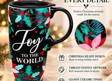 Topadorn 17oz Holly Joy Ceramic Coffee Mug with Lid