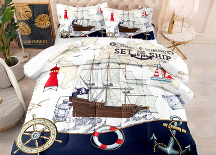 3D Nautical Ship Helm Coastal Sketch Twin Down Comforter Set 3PC All Ages
