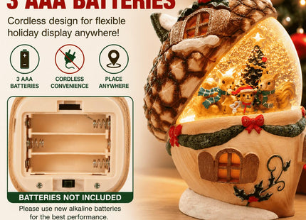 Christmas Pinecone Snow Globe Lantern with 6 Hours Timer, 3 AAA Battery Operated Glittering Water Globe, Lighted Squirrel Family Snow Globes for Xmas Mantel Tabletop Shelf Holiday Decorations Gifts