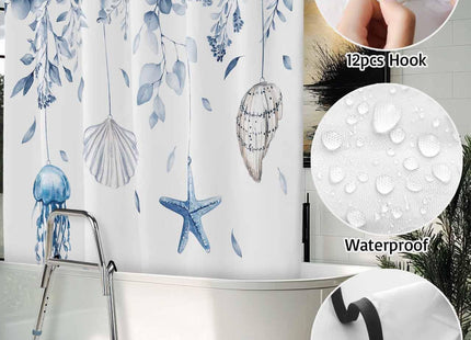 Split Shower Curtain for Transfer Bench, Blue Coastal Waterproof Fabric Shower Curtain, Spring Eucalyptus Leaf Beach Starfish Tub Sliding Transfer Bench Shower Curtains for Bathroom 72'' x 72''