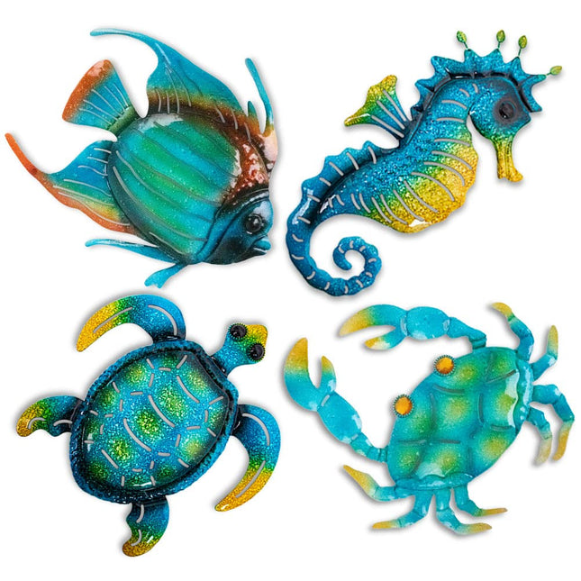 dreamskip Metal Beach Wall Decor Art, Ocean Themed Sea Turtle Fish Seahorse Crab Coastal Wall Sculpture, Nautical Outdoor Decor For Garden, Fence, Patio, Pool, Bathroom (4 Pcs)