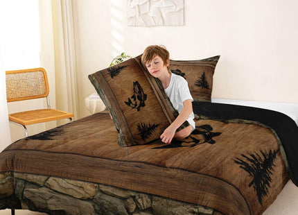 Manfei Pike Fish Comforter Set Toddler Size,Rustic Farmhouse Brown Wooden Bedding Set 2pcs,Fishing and Hunting Down Comforter for All Season,Kids Boys Girls Room Decor,1 Pillowcase,No Sheets