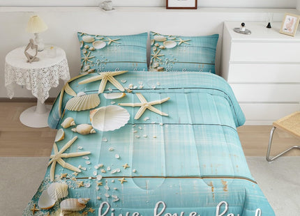 Erosebridal Starfish Seashell Twin Comforter Set,Conch Sea Shell Bedding Comforters & Sets Coastal Animal Duvet Retro Rustic Farmhouse Quilt Comforter Teal Wooden Striped Bedding Kids Boys Girls