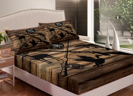 Kids Retro Hunt Fish Bed Sheets Queen Size,Retro Farm Wooden Board Quality Brushed Microfiber Luxury Bedding Set Deer Bird Fish Animal Hunting Bed Sheet Set (1 Flat,1 Fitted Sheet,2 Pillowcases)