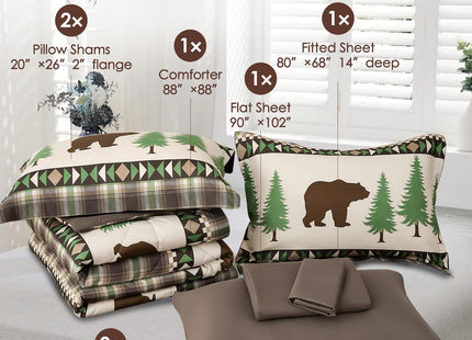 Comforter Set King Size Rustic Bear Comforter Bedding-7 Piece Bed in a Bag, Soft Fluffy Reversible Microfiber Bedding Set(1 Comforter,1 Flat Sheet,1 Fitted Sheet,2 Pillowcases,2 Pillow Shams),Green