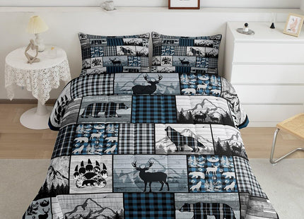 Feelyou Deer Elk Bear Wolf Comforter Blue Plaid Rustic Cabin Comforter Set Farm Forest Camping Hunting Bedding Set Geometric Checkered Duvet Set Room Decor Quilt Set Twin Size