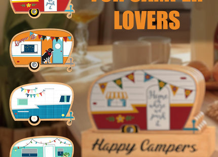 Haigoo Wood Drink Coasters Set of 4, Happy Camper Cute Coasters with Holder