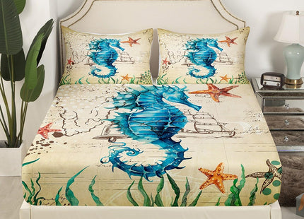 Seahorse Bedding Set Full 3D Seahorse Printed Decorative Bed Sheet Set Marine Mediterranean Style Bed CoverTeal Ocean Animal Fitted Sheet Ocean Park Theme Bedding Kids Child Boys Girls Bedroom