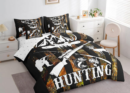 7 Piece Hunting Theme Bed in a Bag American Flag Sheet Set Wild Animal Deer Big Pike Fish Print Bedding Set with Comforter Rustic Farmstyle Fitted Sheet Usa Flag Decor Cushion Covers Full Size