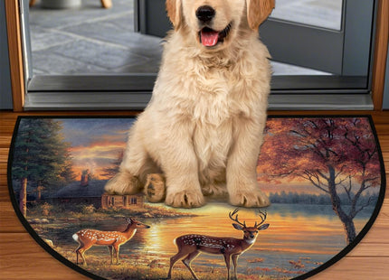 Fall Sunset Thanksgiving Deer Half Round Doormat Washable Semi Circle Rug Non Slip Half Moon Rug Floor Mat for Indoor Outdoor Bathroom Kitchen Fireplace Entryway Bath Holiday Decor