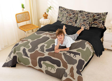 Erosebridal Camo Wolf Bed in A Bag 7 Pcs Camouflage Wild Animals Comforter Set for Kids Boys Girls Green Military Nature Wildlife Bedding Sets Full Army Woodland Hunting Sheet Set with Comforter