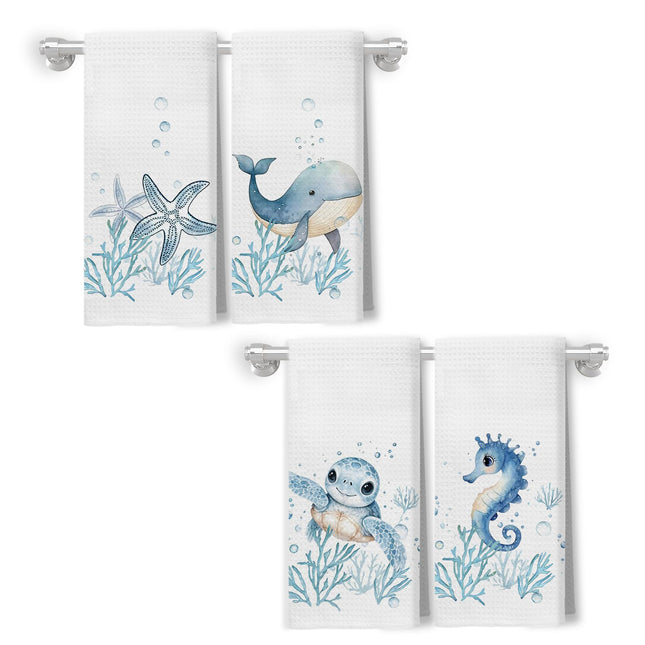 XUNLURY Coastal Beach Kitchen Towels, Coastal Ocean Hand Towels for Bathroom Decor, Whale Seahorse Sea Turtle Starfish Decorative Dish Tea Towels for Kitchen, 16x24 Inch Set of 4