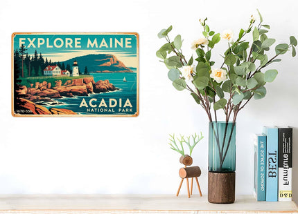 Explore Maine Acadia National Park Tin Sign Lighthouse Wall Decor (8X12 IN)