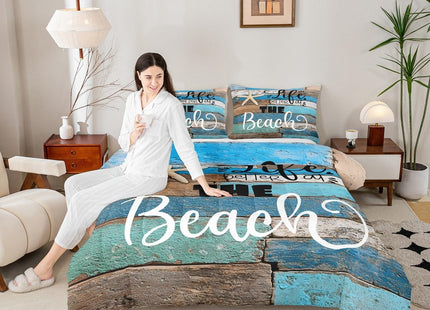 Castle Fairy Beach Life Comforter Set Queen Size,Blue Farmhouse Wooden Bedding Set for Kids Boys Girls Adults Room Decor,Hawaiian Ocean Quilt Set Starfish Sea Life Duvet Insert,2 Pillowcases