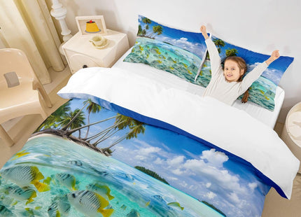 Feelyou Beach Duvet Cover Set Full for Boys Girls Ocean Bedding Set Hawaiian Tripocal Marine Life Sea Fish Printed Bedding Comforter Cover Microfiber with 2 Pillow Shams, Blue,Zipper Closure, 3 Pieces