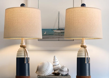 OYEARS 23.75" Table Lamps Set of 2, Bedside Lamps for Nightstands, Nautical Table Lamps for Living Room, Coastal Ocean Beach Style, Resin, Navy Blue