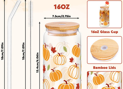 16 oz Fall Pumpkin Glass Cup With Lid & Straws Pumpkin Gifts for Women