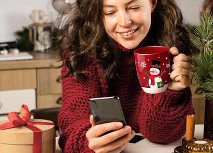 Paayna Christmas Snowman Ceramic Coffee Mug, 13 oz Novelty Red Xmas