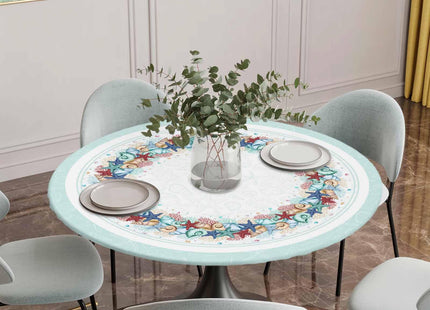 Marine Life Round Fitted Tablecloth with Elastic Ocean Teal Tablecloths Washable Summer Beach Starfish Coral Conch Table Cover for Kitchen Dinner Party Picnic Decor Fits Tables up to 36"- 44" Diameter