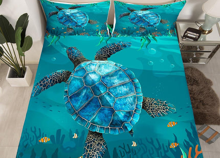 jejeloiu Kids Sea Turtle Sheet Set King Size Ocean Reptile Tortoise Bed Sheets Set Coastal Sheets with Deep Pocket Fitted Sheet Nautical Beach Blue Bedding Set with 2 Pillow Case