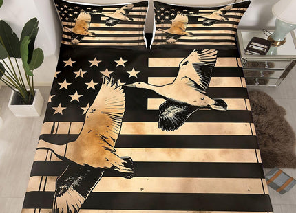 Erosebridal Duck Hunting Bed Sheets Retro Black White American Flag Full Sheet Set for Teen Boys Men,Wildlife Animal Bedding Set Hunting Flag Fitted Sheet + Flat Sheet + 2 Pillow Cases