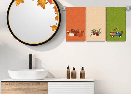 JarThenaAMCS 3Pcs Fall Hand Towels Embroidered Pumpkin Truck Pinecone Cotton Bathroom Towels Autumn Dish Towel for Thanksgiving Drying Cleaning Cooking Gift, 29.5 x 13.7 Inch