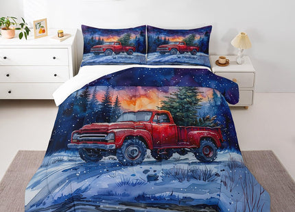 Red Truck Kids Comforter Set Twin Size,Christmas Tree Snowflake Bedding Set for Teens Boys Girls Room Decor,Woodland Nature Scenery Quilt Set 2Pcs,Merry Christmas Theme Duvet Insert,1 Pillowcase