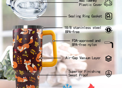 Ceovfoi 40 oz Fall Fox Tumbler With Lid and Straw, Travel Mug Cup Water Bottle, Gifts for Fox Lovers, Decor Accessories