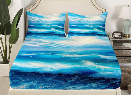 Erosebridal Sea Waves Fitted Sheet Twin Sunset Bedding Set Nautical Bed Cover Coastal Nature Theme Bed Set Blue Washable Breathable Decoration with Deep Pocket 2 Pcs