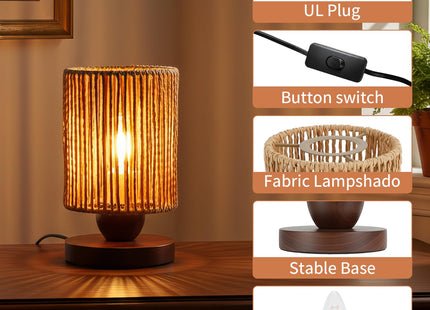 Handmade Rattan Lamp Boho Table Lamp for Bedroom, Small Woven Lamps for Night Stands with Warm White LED Bulb, Coastal Boho Lamp for Living Room Reading Nook Office Desk, 12cm Shade 20cm Height